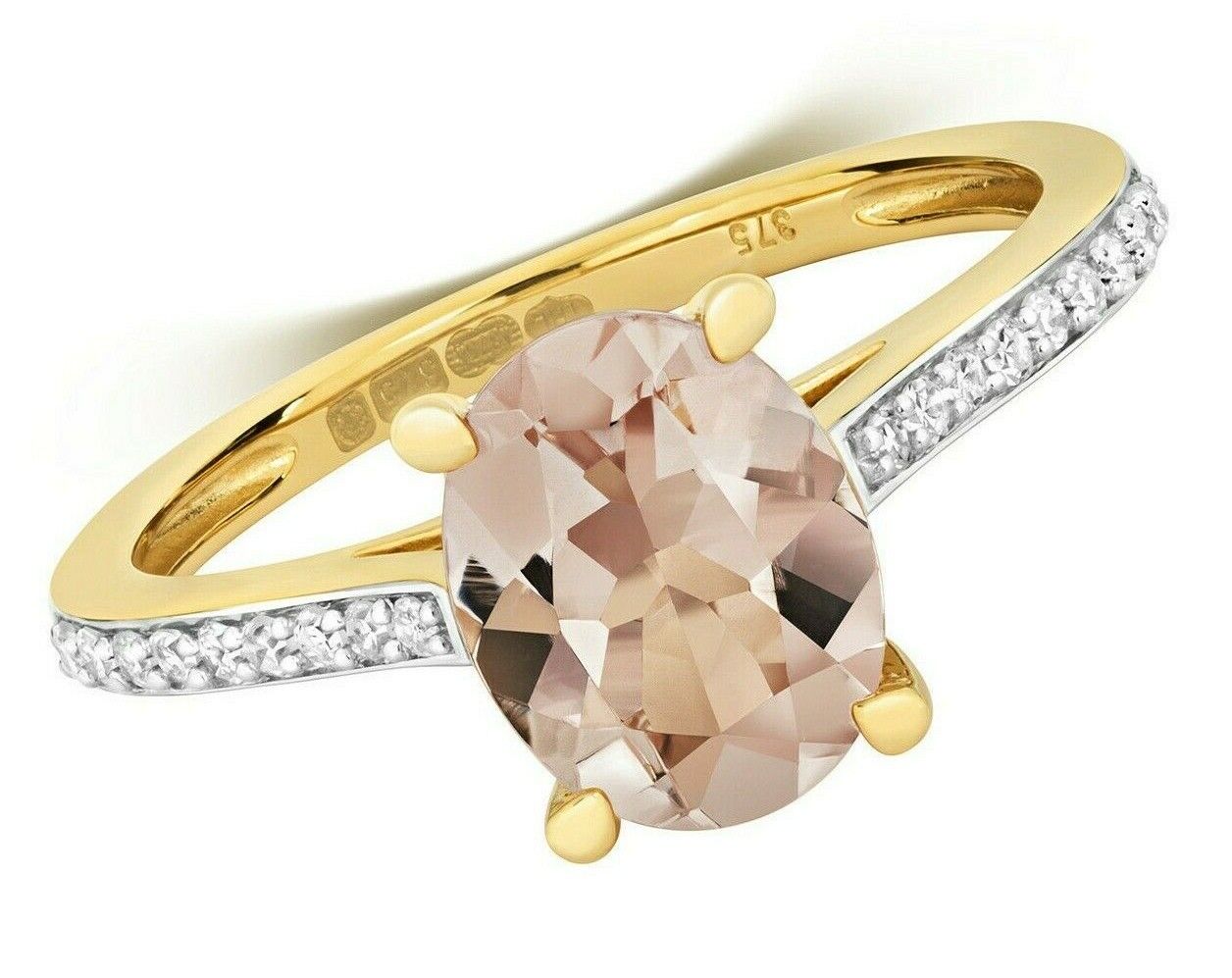 Real Morganite and Diamond Ring 9ct Yellow Gold Oval Solitaire Size J -Q