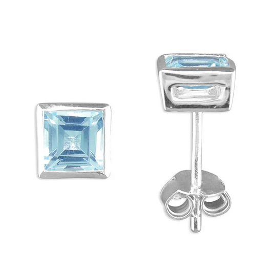 Square Blue Topaz Solitaire Stud Earrings Solid .925 Sterling Silver