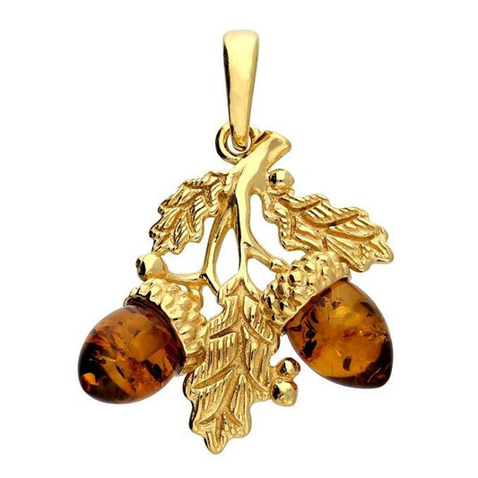Cognac Baltic Amber Double Acorn Pendant 18ct Yellow Gold on 925 Sterling Silver