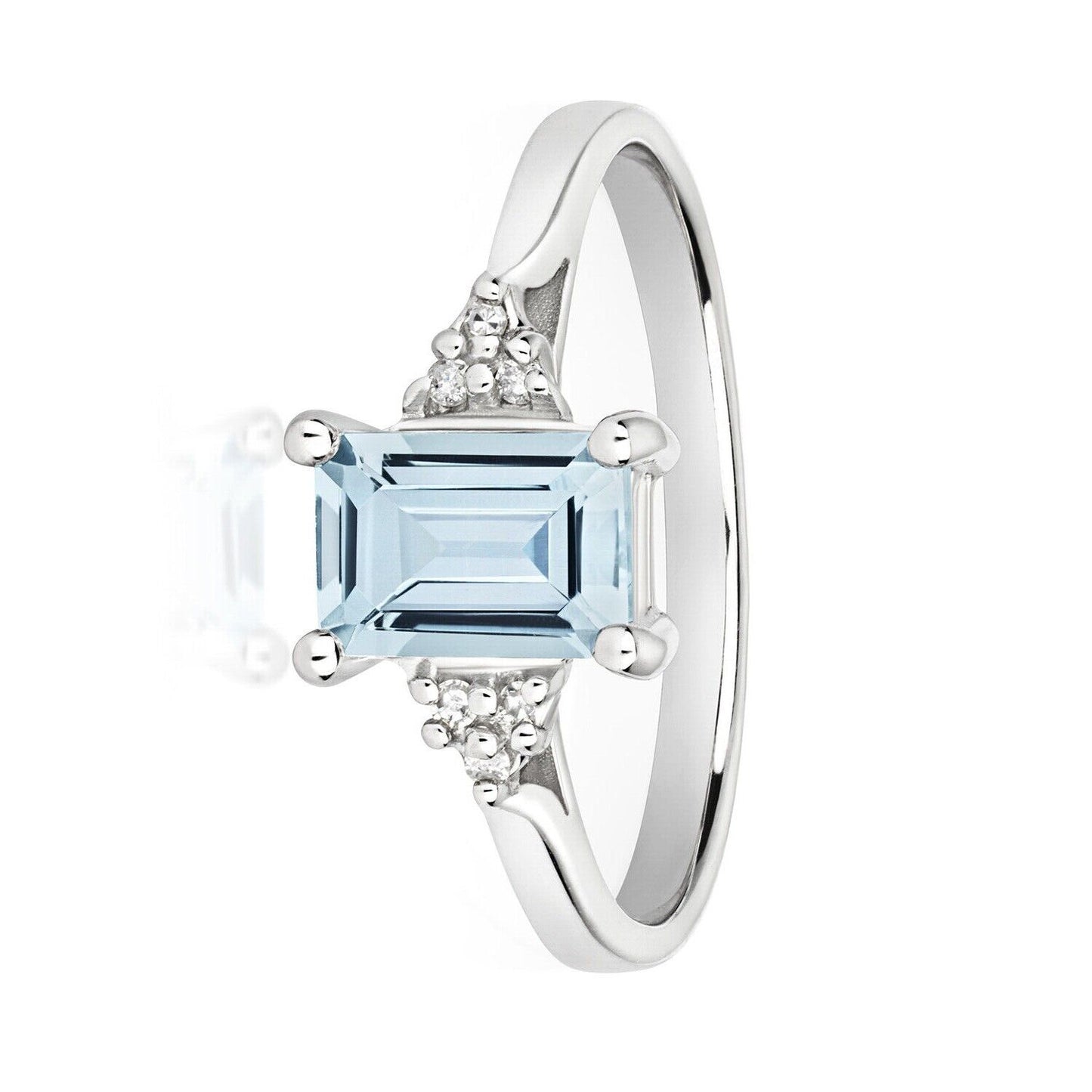 Real Aquamarine and Diamond Ring Solid White Gold Emerald Cut Solitaire