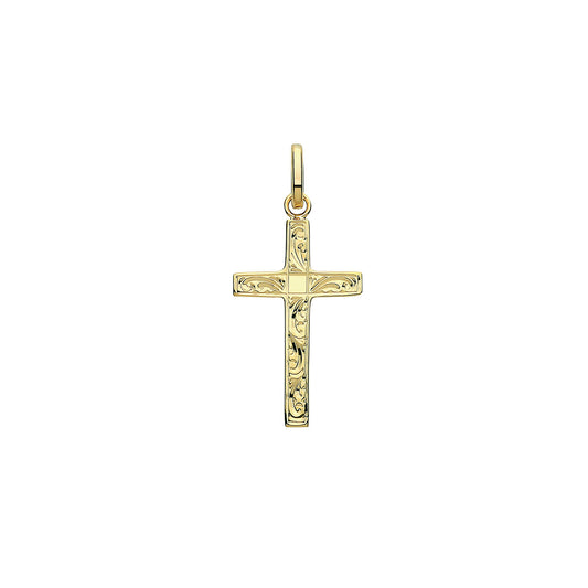 Gold Cross Pendant Engraved Design Yellow Gold 32mm x 15mm British Made