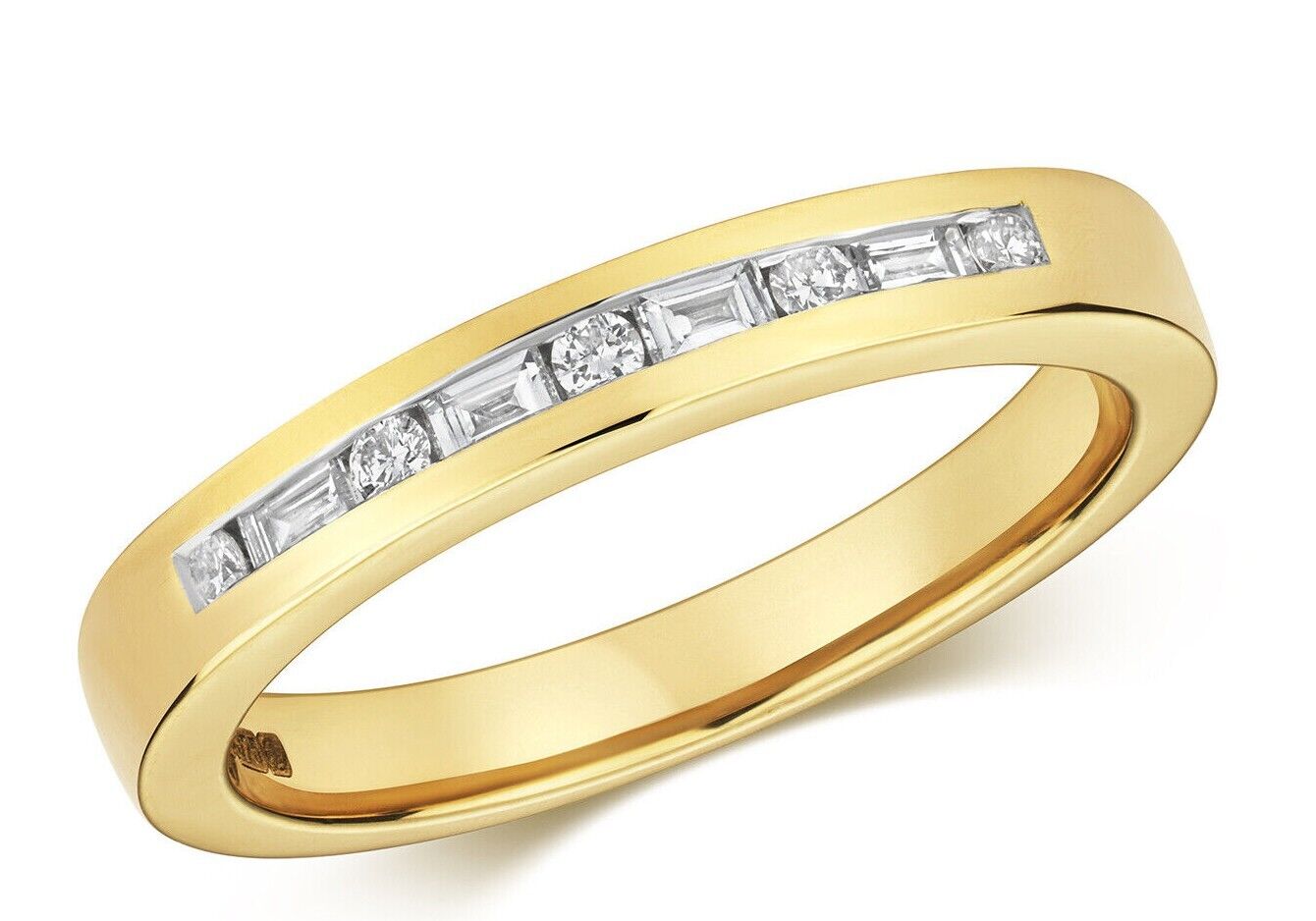 Real Diamond Half Eternity Ring 9ct Yellow Gold Round and Baguette Cut Band