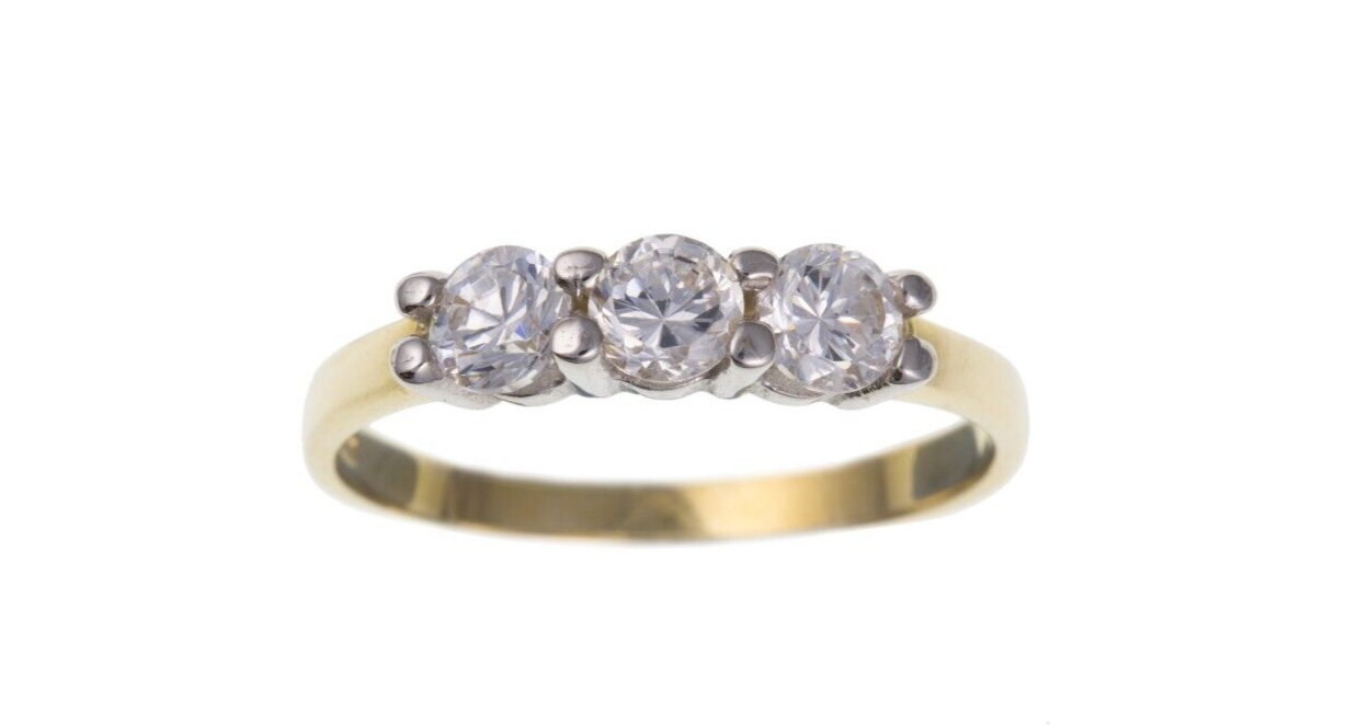 9ct Yellow Gold Three Stone Ring Simulated Diamond Trilogy Full Hallmark