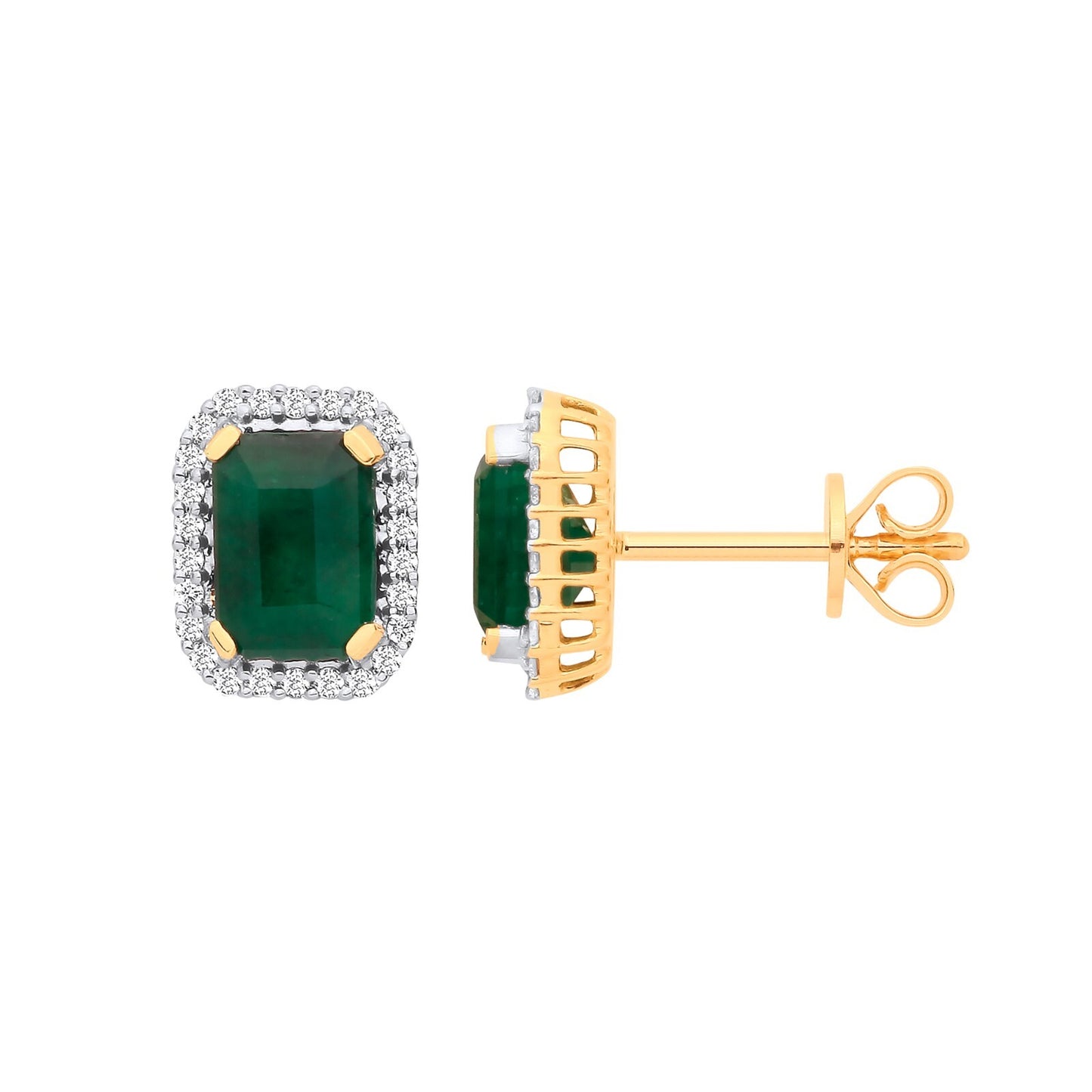 18ct Yellow Gold Emerald and Diamond Earrings Made in London 9.6 x 7.7mm