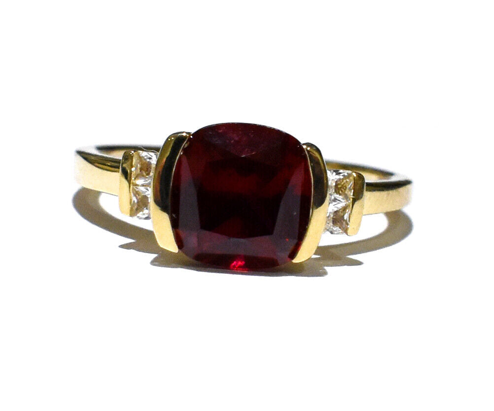 Yellow Gold Ruby Ring Cushion Solitaire White Sapphire Engagement Hallmarked