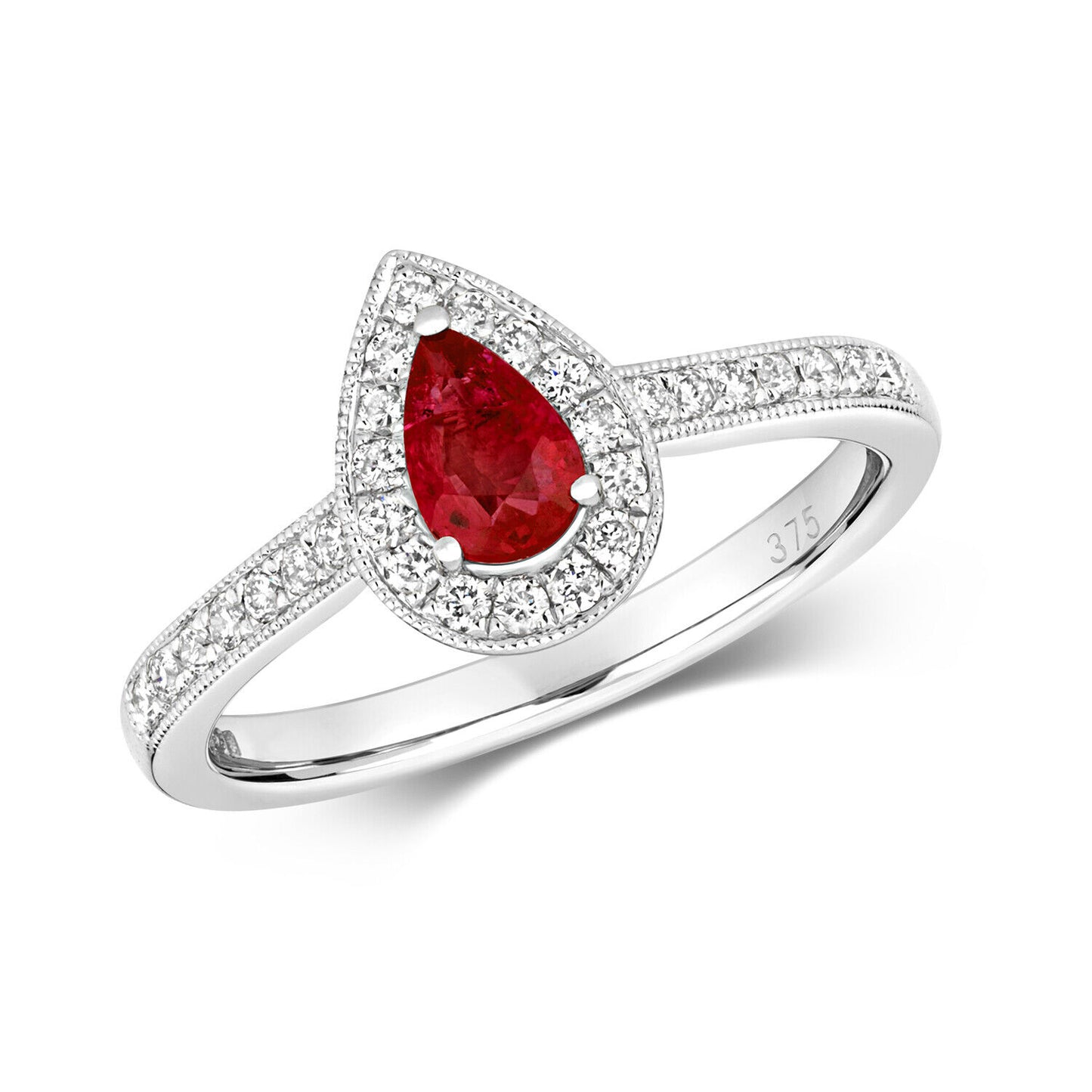 Real Ruby and Diamond Ring 9ct White Gold Pear Cluster Halo Engagement