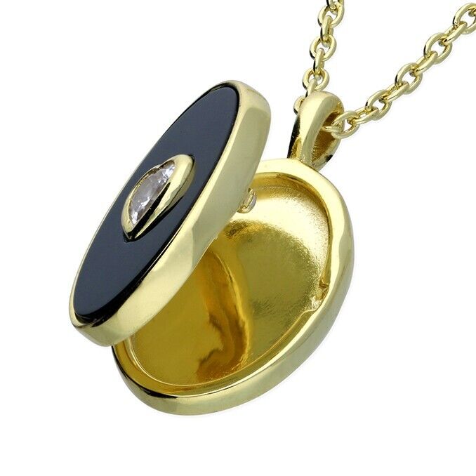 Oval Locket Black Agate 18ct Yellow Gold on 925 Sterling Silver
