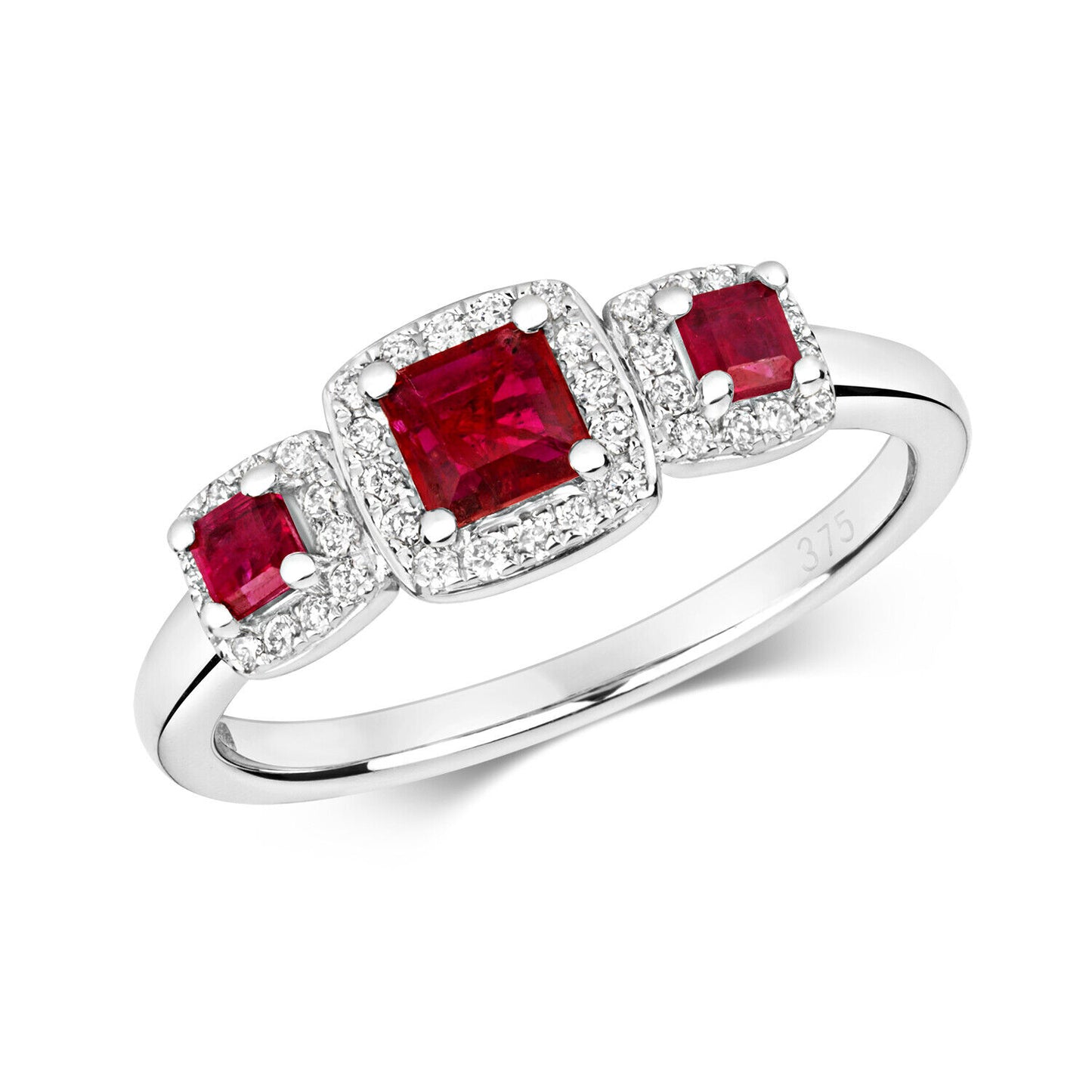 Real Ruby and Diamond Ring 9ct White Gold Three Stone Trilogy Square Cluster