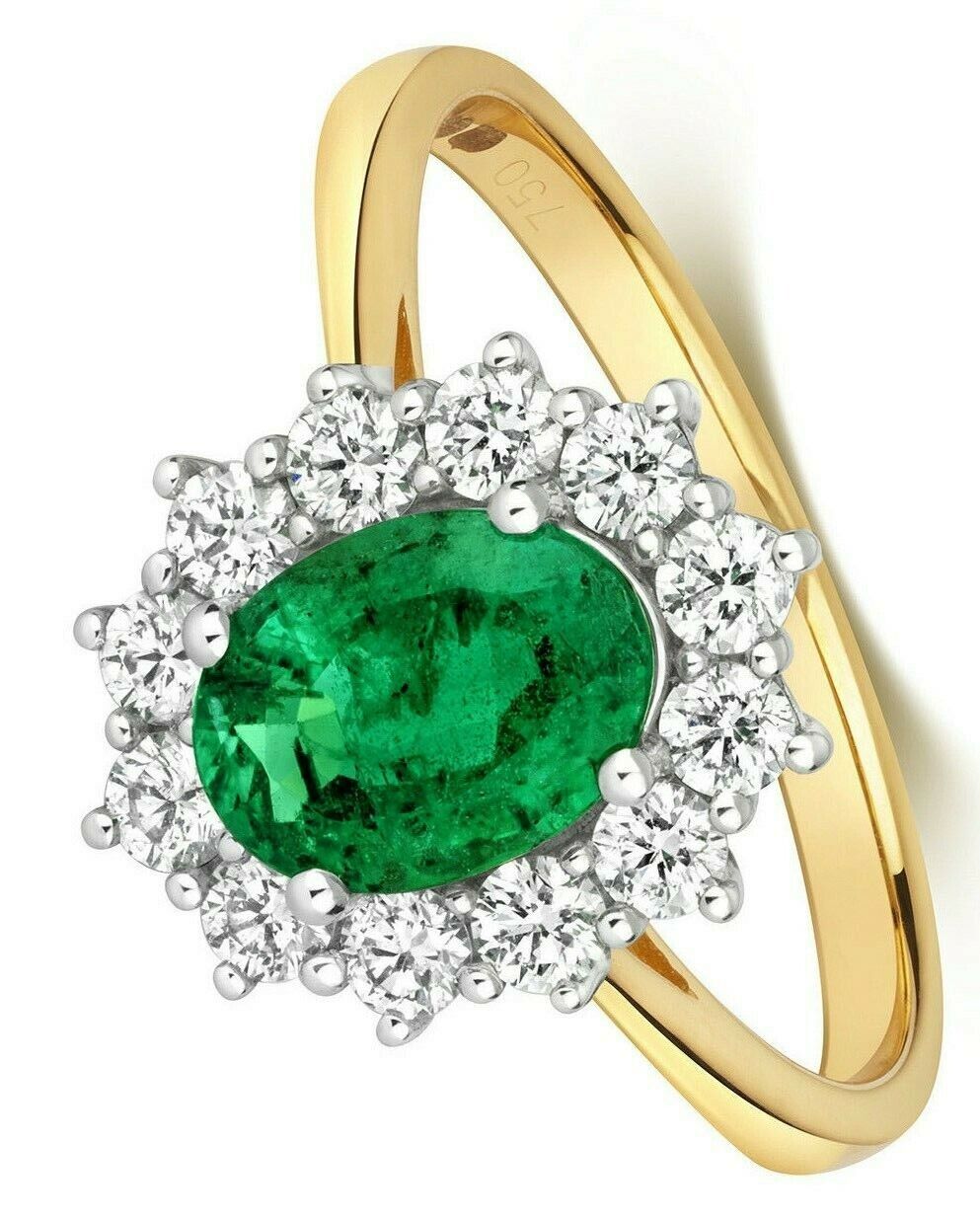 Real Emerald and Diamond Ring 18ct Yellow Gold Oval Cluster 1.74 Carat Weight