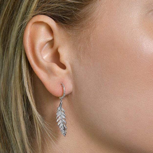 9ct White Gold Feather Drop 0.40ctw Diamond Earrings 41mm Length Hallmarked