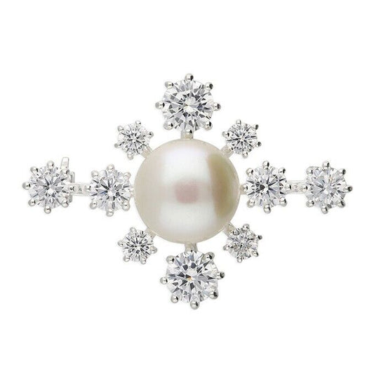 Silver Bar Brooch Freshwater Pearl and White Cubic Zirconia 925 Sterling Silver
