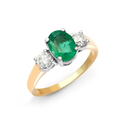 Real Emerald and Diamond Ring 18ct Yellow Gold Three Stone Trilogy