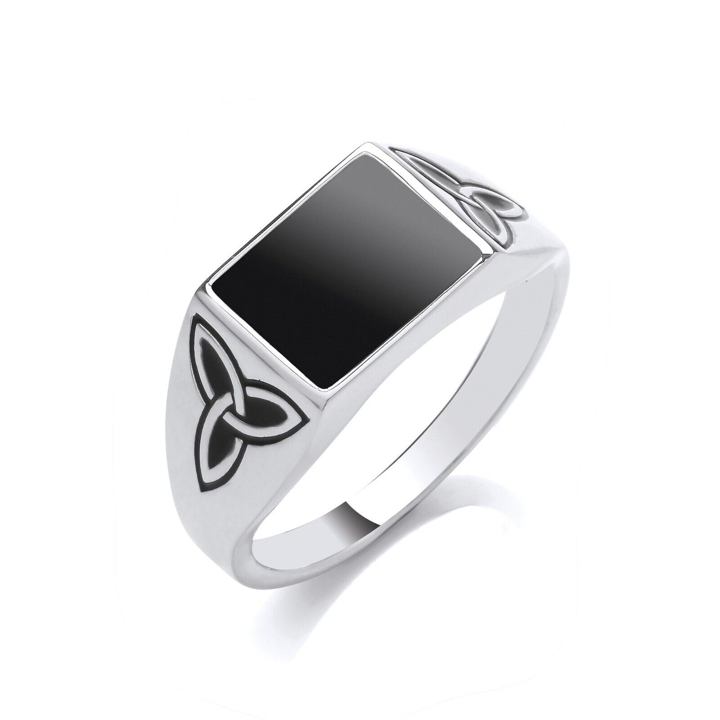 Gents Onyx Rectangular Signet Ring Solid Sterling Silver Celtic Trinity Shoulder