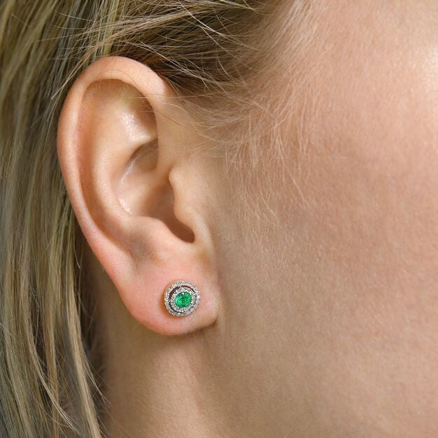 9ct Yellow Gold Emerald and 0.25ct Diamond Stud Earrings Double Halo Hallmarked