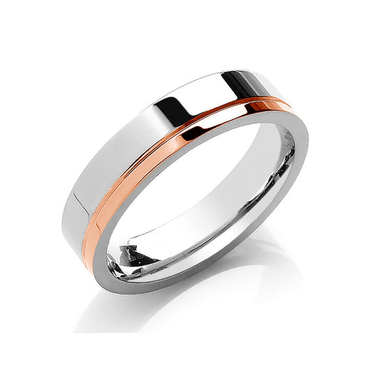 5mm Flat Court Wedding Band Two Colour Side Groove 9ct White and Rose Gold