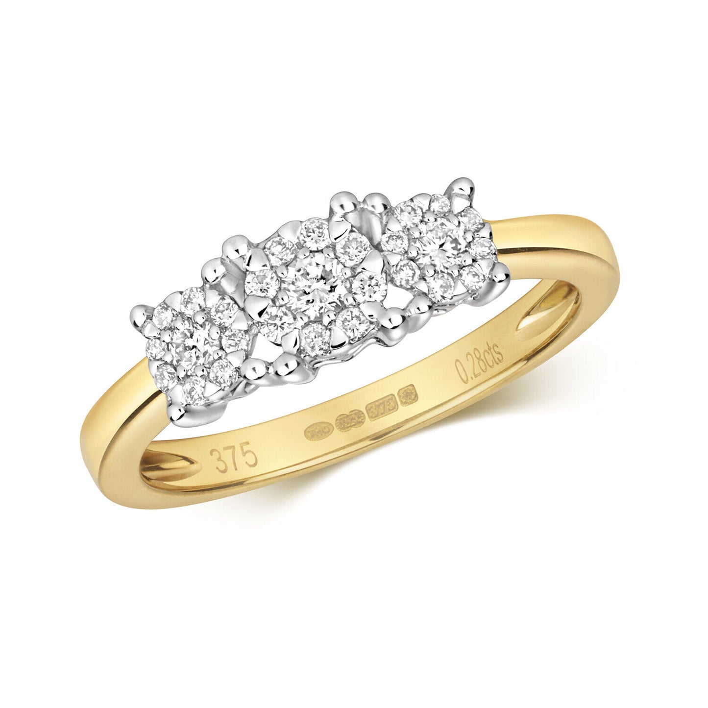 Real Diamond Ring Three Stone Cluster Trilogy 9ct Yellow Gold 0.29ctw Size J - Q