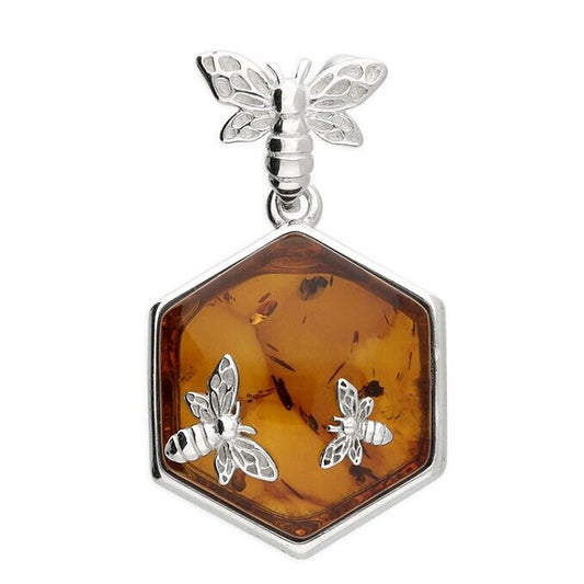 Cognac Baltic Amber Flying Bumble Bee Pendant Necklace 925 Sterling Silver