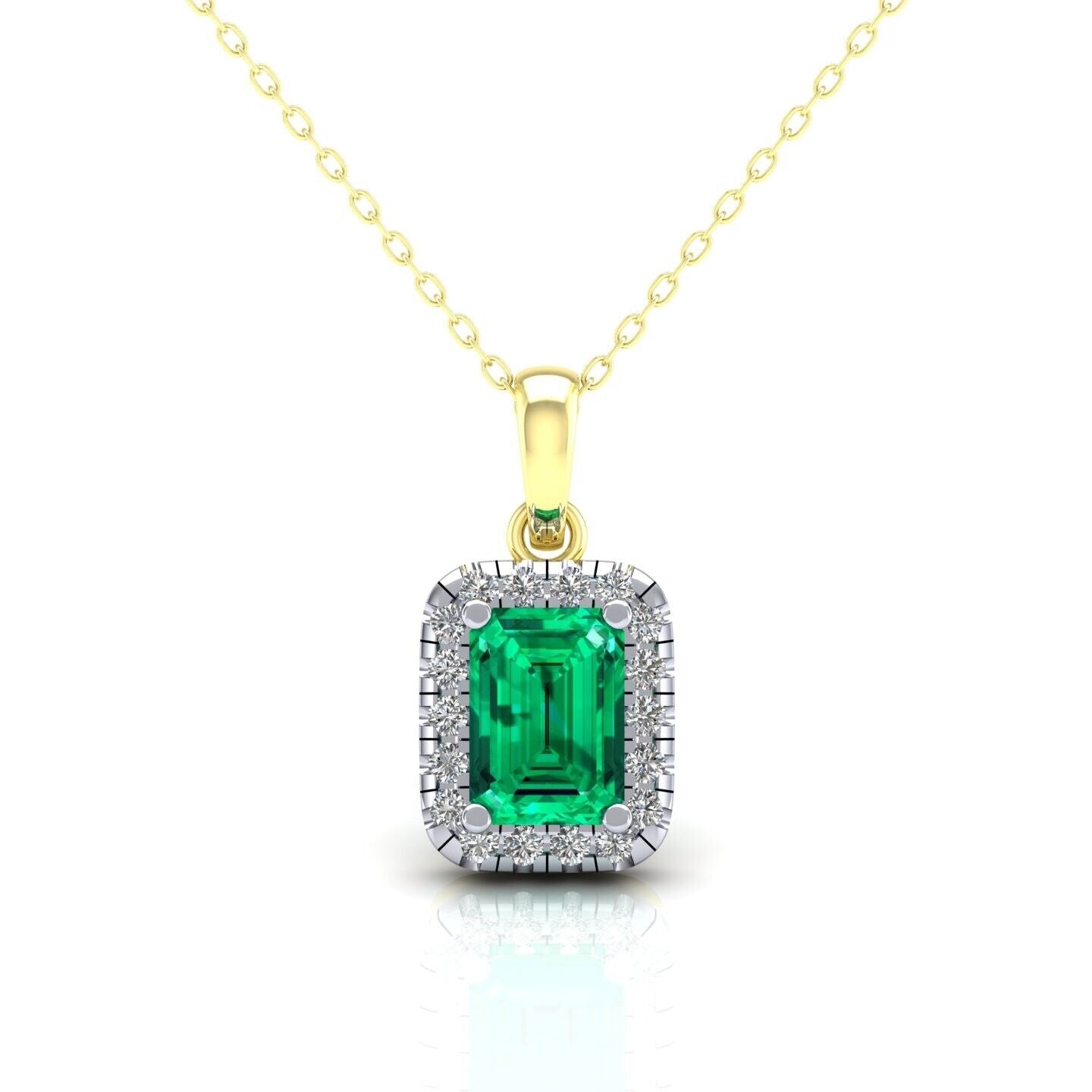 Emerald Rectangular Cluster Pendant Solid 9ct Yellow Gold 18" Chain Hallmarked
