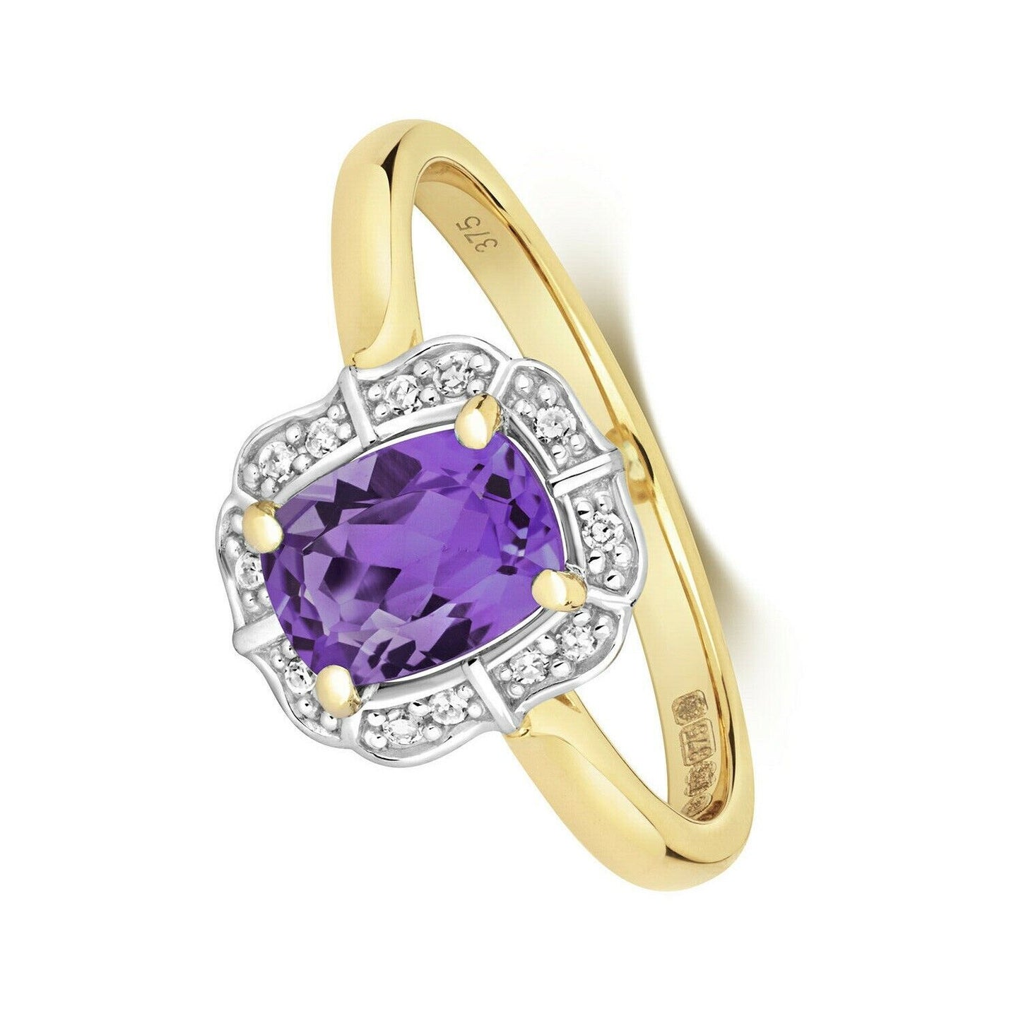 9ct Yellow Gold Amethyst and Diamond Ring Cushion Engagement Size JKLMNOPQ