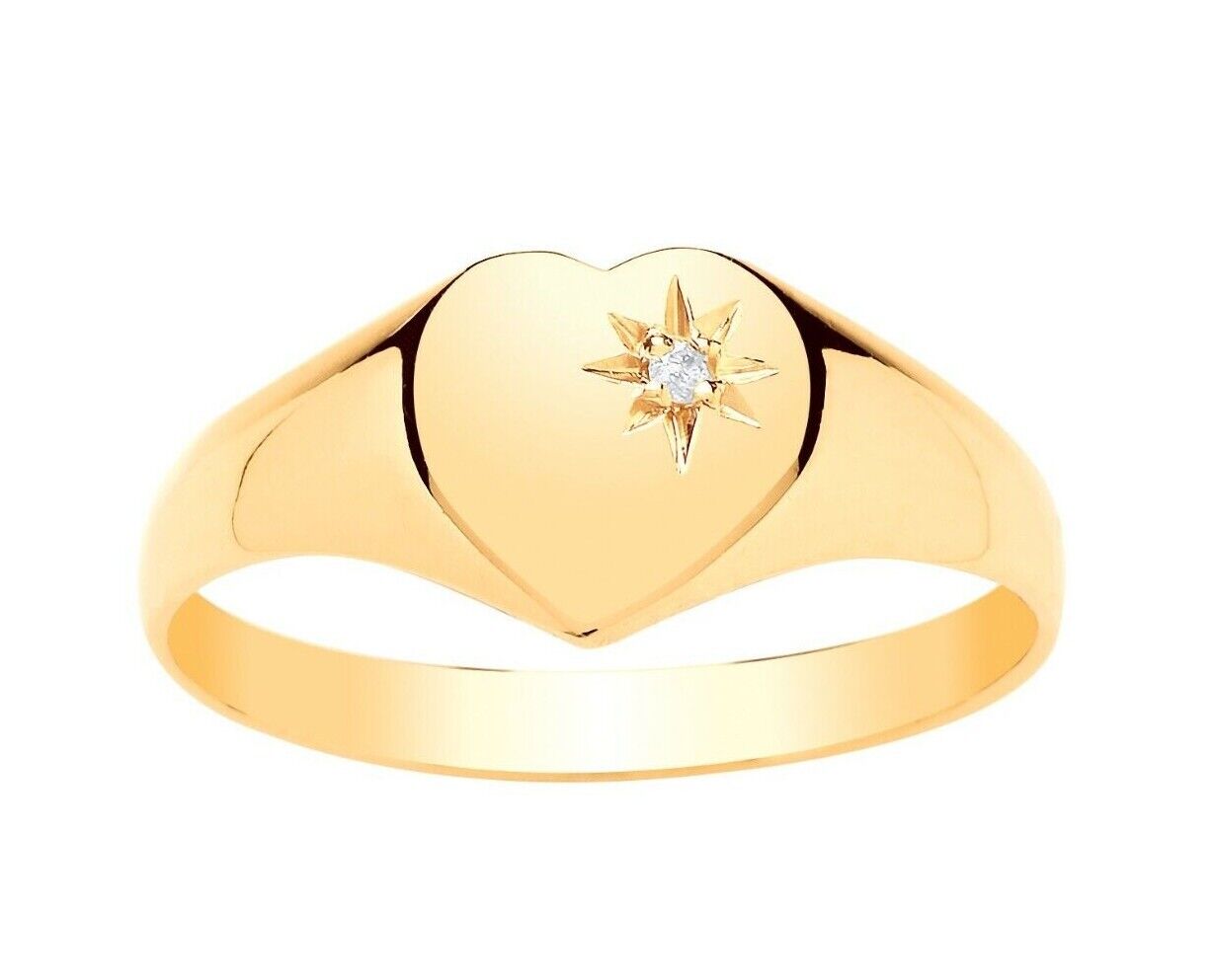 Ladies Diamond Signet Ring Solid 9ct Yellow Gold Heart Fully Hallmarked