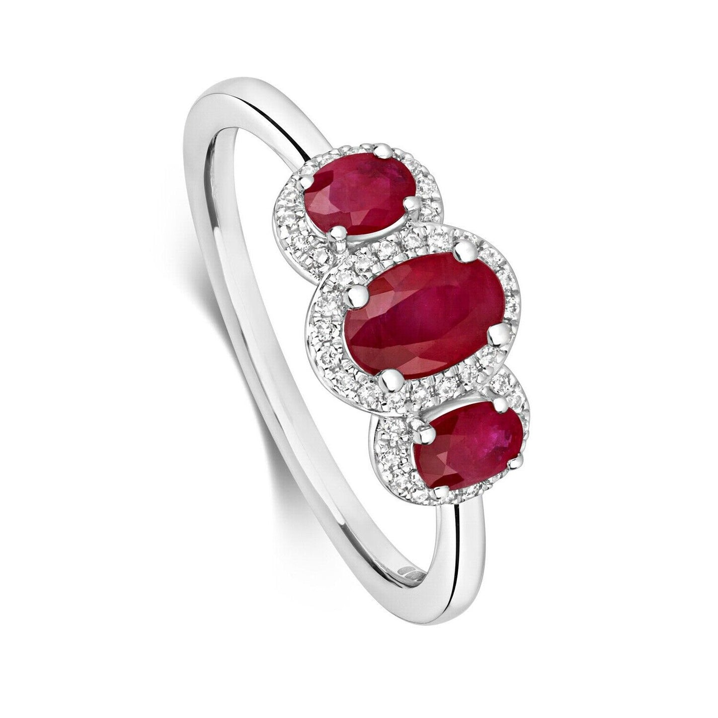 Real Ruby and Diamond Ring 9ct White Gold Oval Three Stone Trilogy Size J - Q