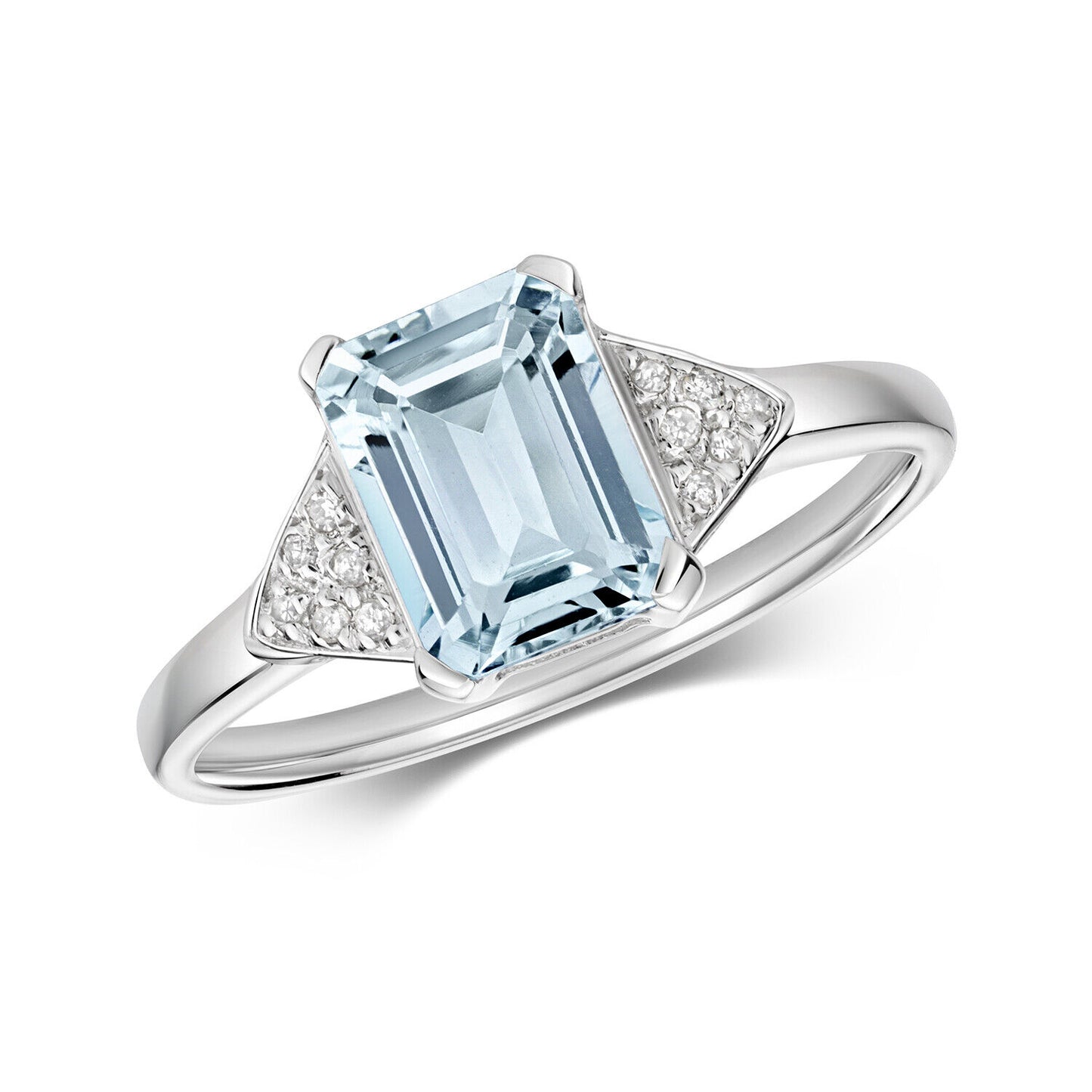 Real Aquamarine and Diamond Ring Solid White Gold Emerald Cut Solitaire Size J-Q