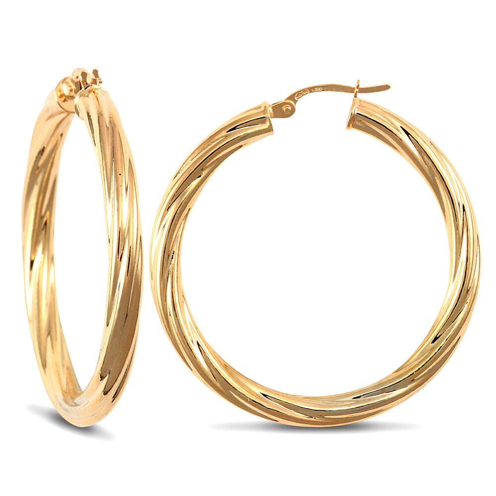 9ct Yellow Gold Hoop Twist Style Earrings British Made Hallmarked 37mm