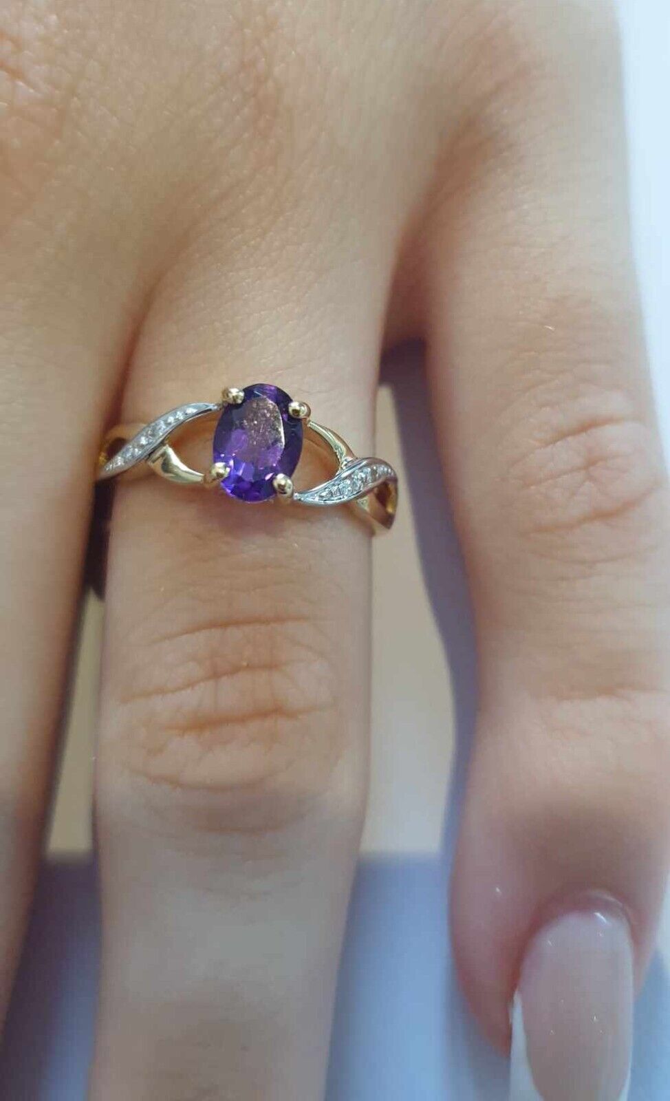 Amethyst and Diamond Ring Oval Solitaire 9ct Yellow Gold Real Stones