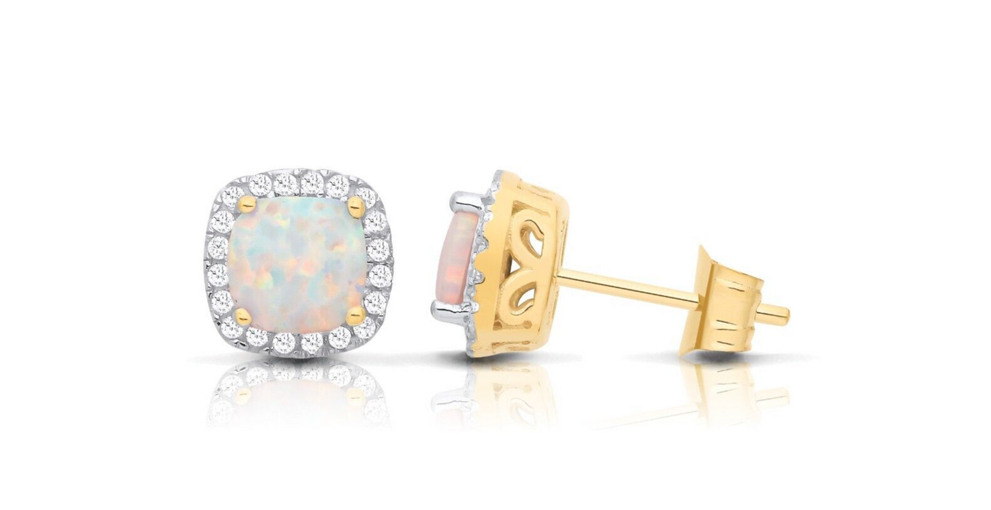 Opal Cushion Cluster Stud Earrings Solid 9ct Yellow Gold Hallmarked