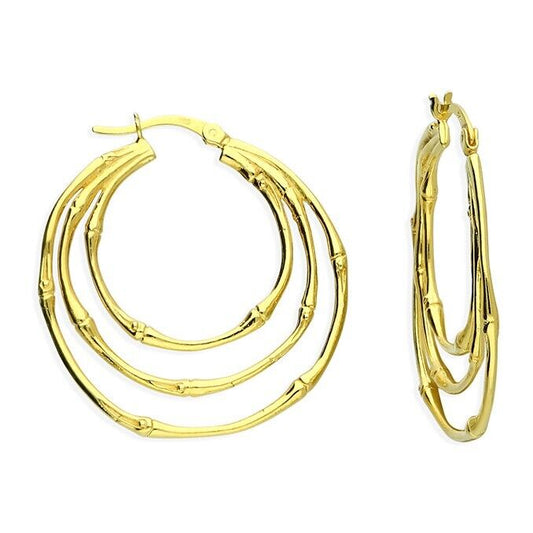 Hoop Earrings Triple Bamboo Style Creole 18ct Yellow Gold on 925 Silver 30mm