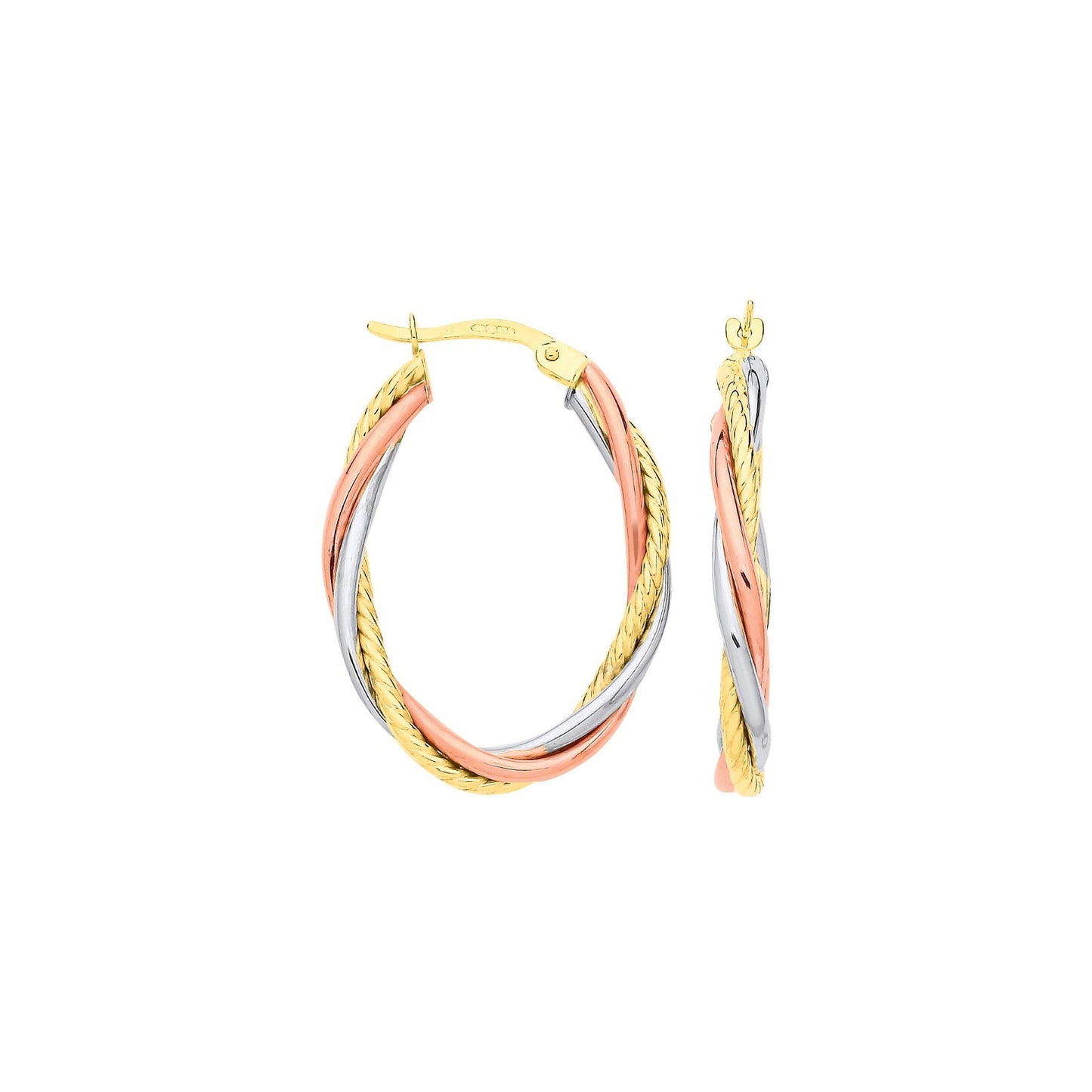 Russian Wedding Oval Hoop Earrings 9ct three Colour Gold Hallmarked 30 x 21mm