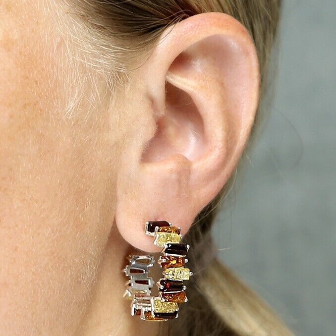 Mixed Amber Abstract Stud Hoop Earrings Solid Sterling Silver 925