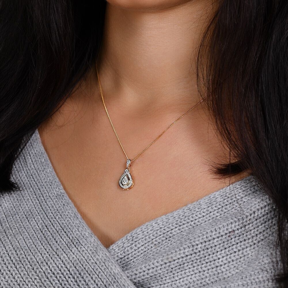 9ct Yellow Gold 0.25ct Diamond Drop Pendant and Chain Hallmarked