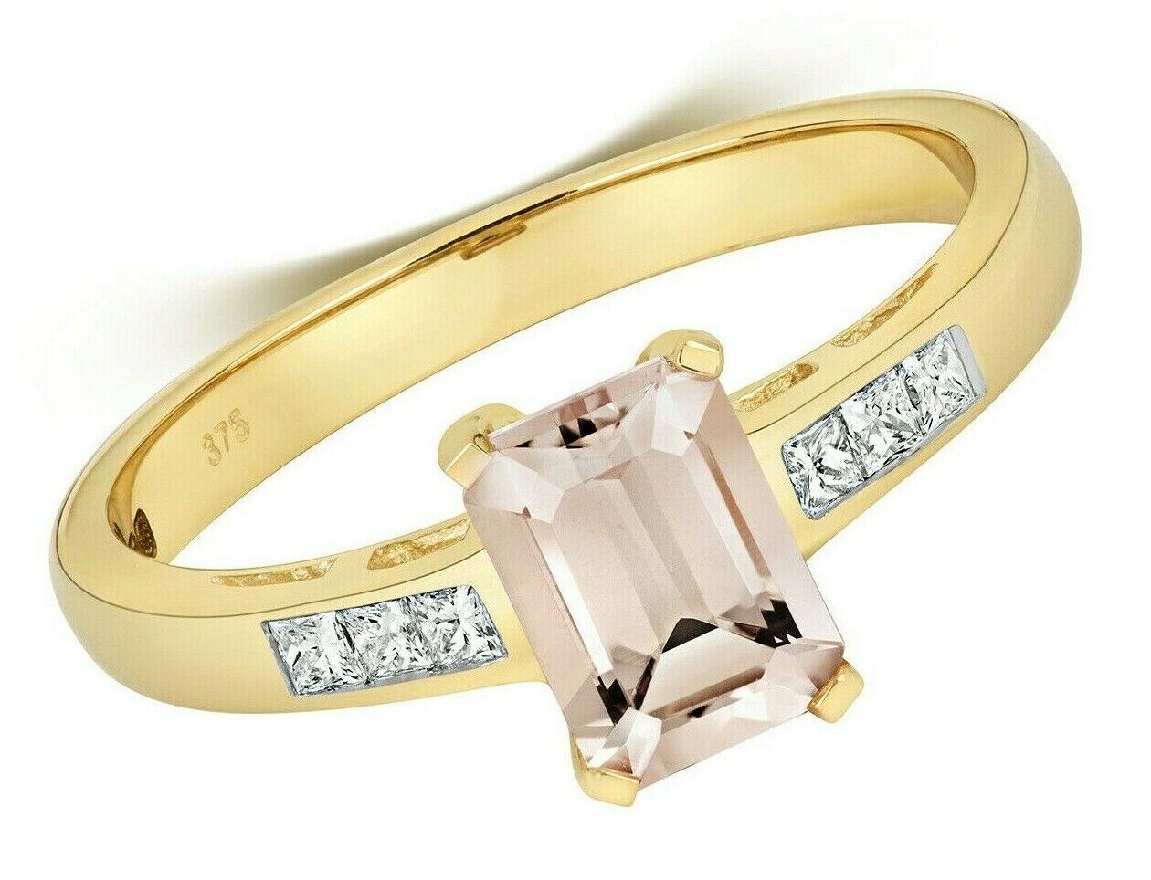 Real Morganite and Diamond Ring 9ct Yellow Gold Emerald Cut Solitaire Engagement