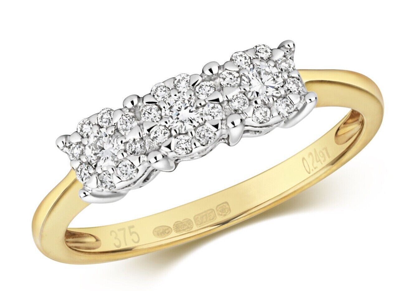 Real Diamond Ring Three Stone Cluster 9ct Yellow Gold Trilogy 0.24ctw Size J-Q