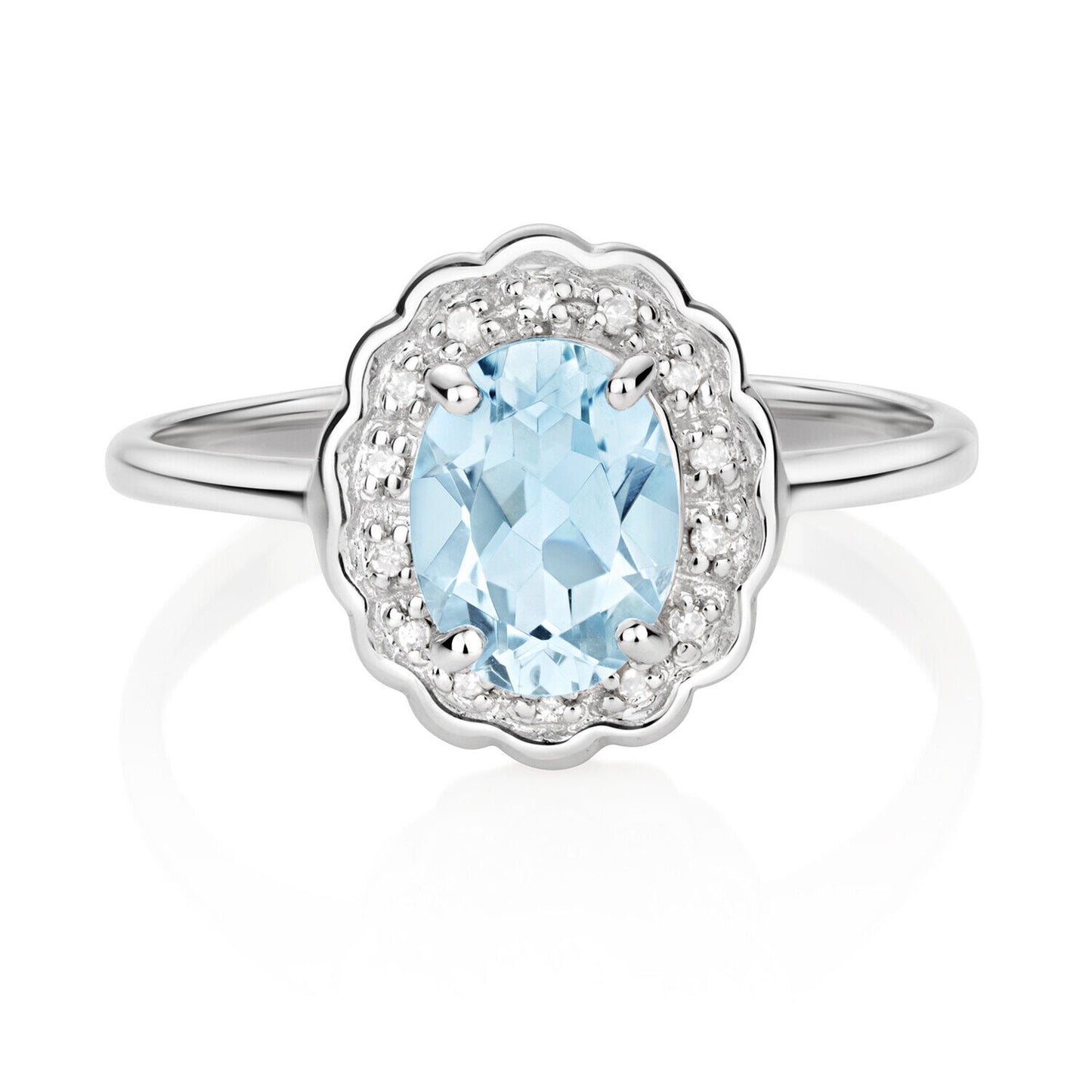 Real Aquamarine and Diamond Ring Solid White Gold Cluster Engagement Size J - Q