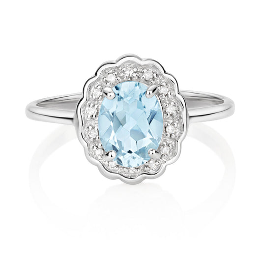 Real Aquamarine and Diamond Ring Solid White Gold Cluster Engagement Size J - Q