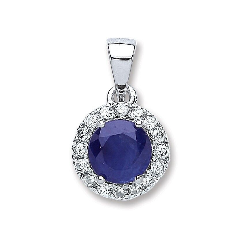 9ct White Gold 0.15ct Diamond 0.60ct Round Sapphire Pendant