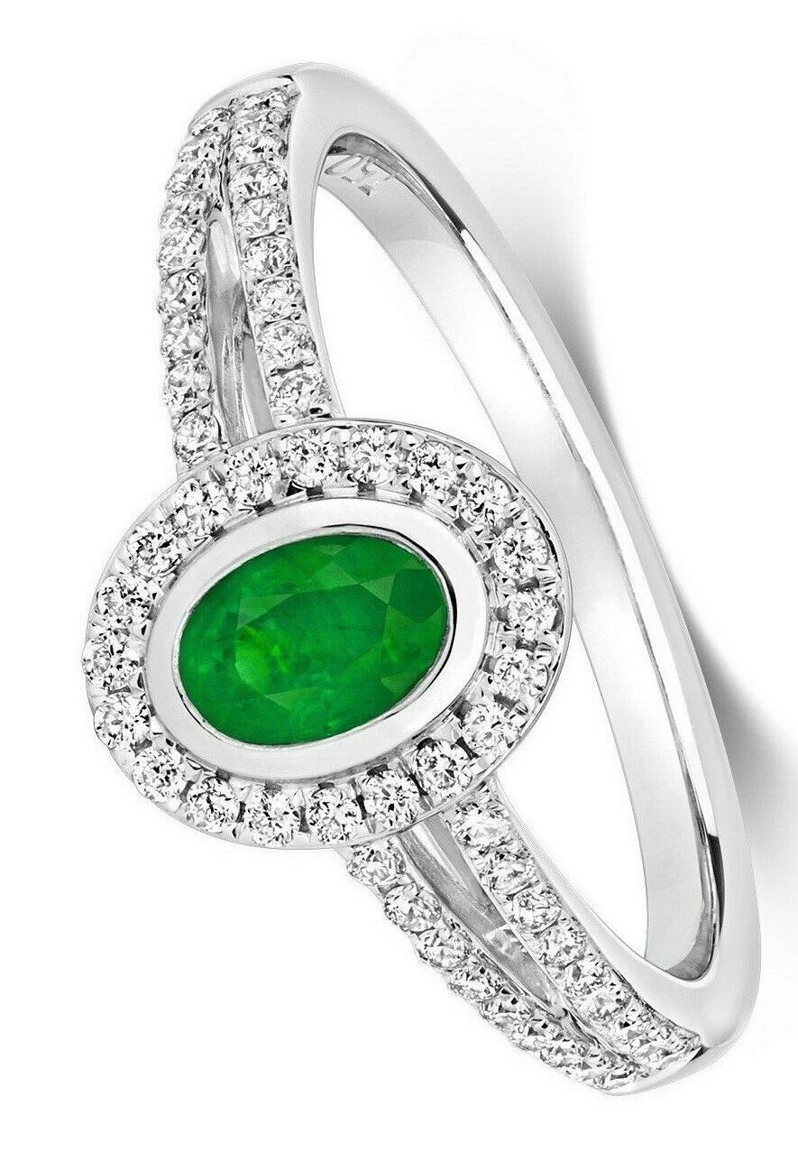 Real Emerald and Diamond Ring 18ct White Oval Halo Cluster Split Shank