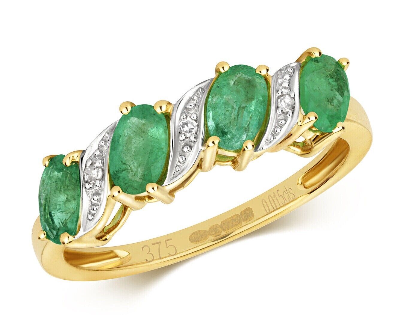 Real Emerald and Diamond Eternity Ring Solid Yellow Gold Oval Gemstone Band