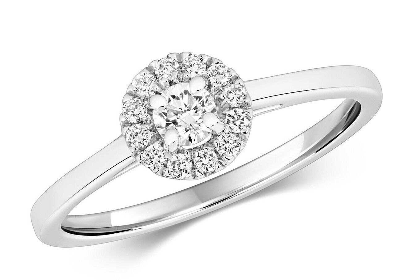 Real Diamond Halo Ring 9ct White Gold 0.25 Carat Weight Size J - Q