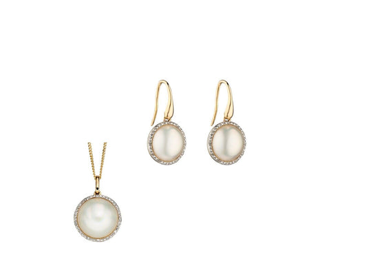 Mabe Pearl and Diamond Pendant and Earrings Set Yellow Gold 16 18 or 20" Chain