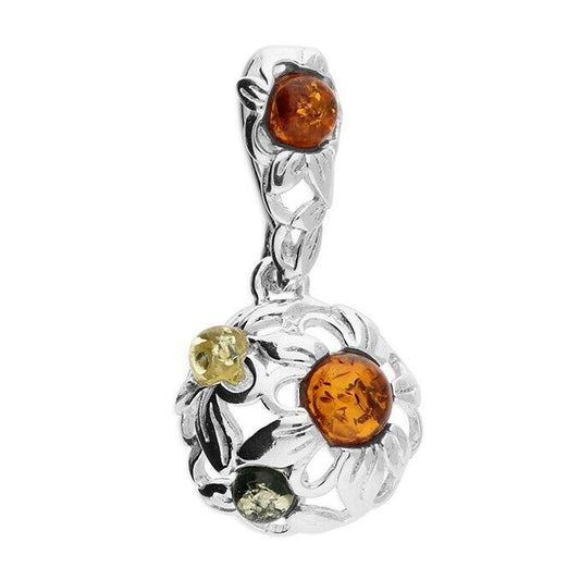 Mixed Amber Flower Dome Pendant and Chain Solid Sterling Silver 925