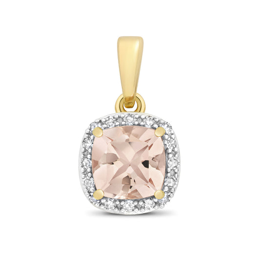 Morganite and Diamond Pendant 9ct Yellow Gold Square Cushion Necklace
