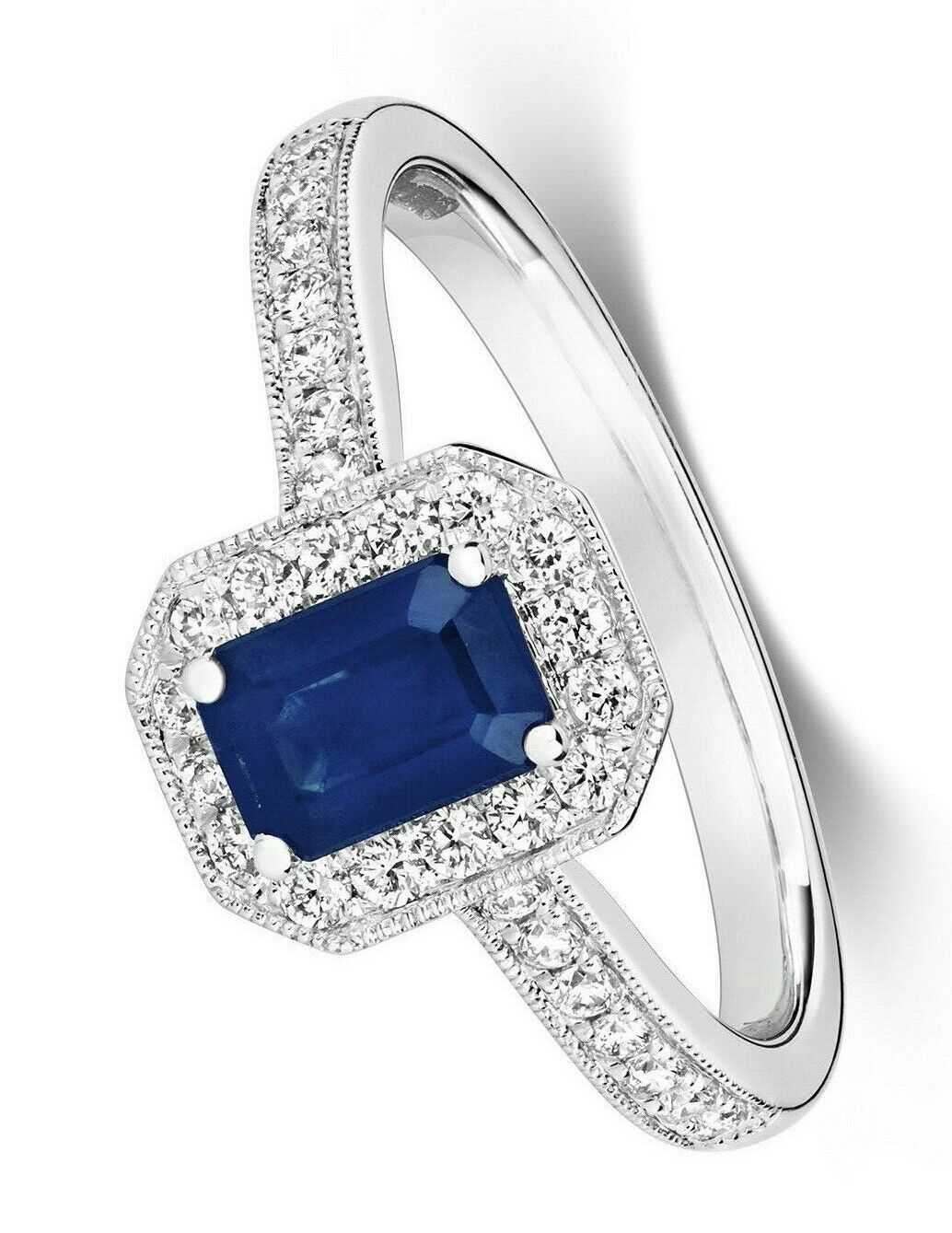 Real Sapphire and Diamond Ring 9ct White Gold Octagon Cluster Size J-Q