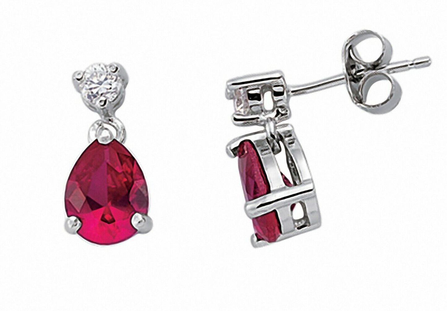 Ruby Pear Drop Earrings Solid Sterling Silver Rhodium Plated 925 Hallmark