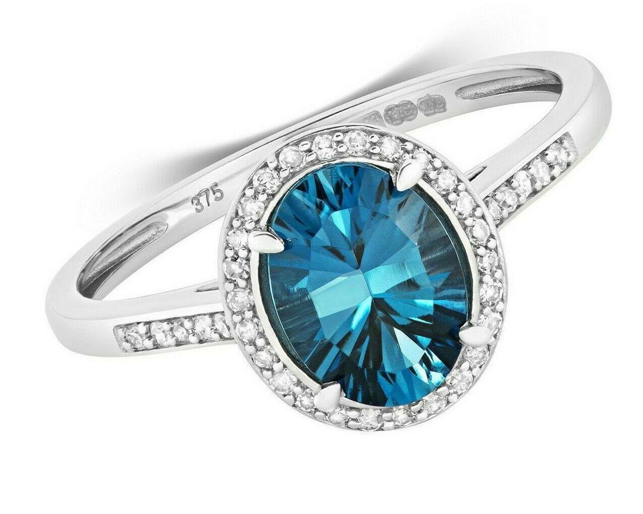 Real London Blue Topaz and Diamond Ring Solid White Gold Oval Gem Size JKLMNOPQ