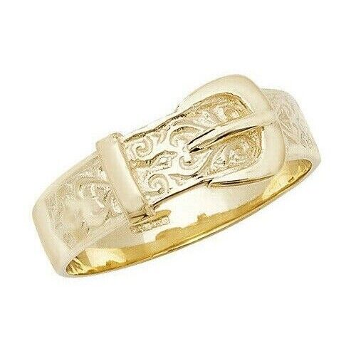 9ct Yellow Gold Mens Engraved Buckle Ring Fully Hallmarked