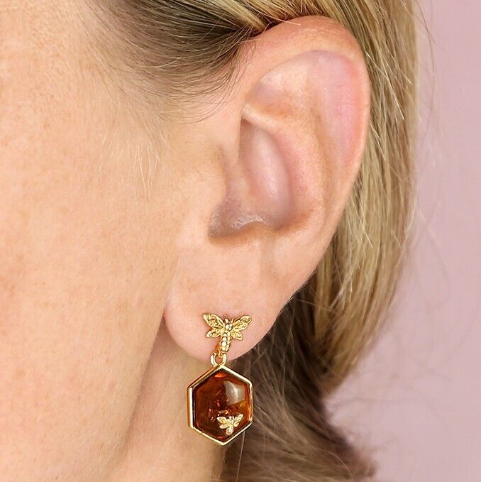 Cognac Amber Flying Bee Drop Earrings 18ct Yellow Gold on Sterling Silver