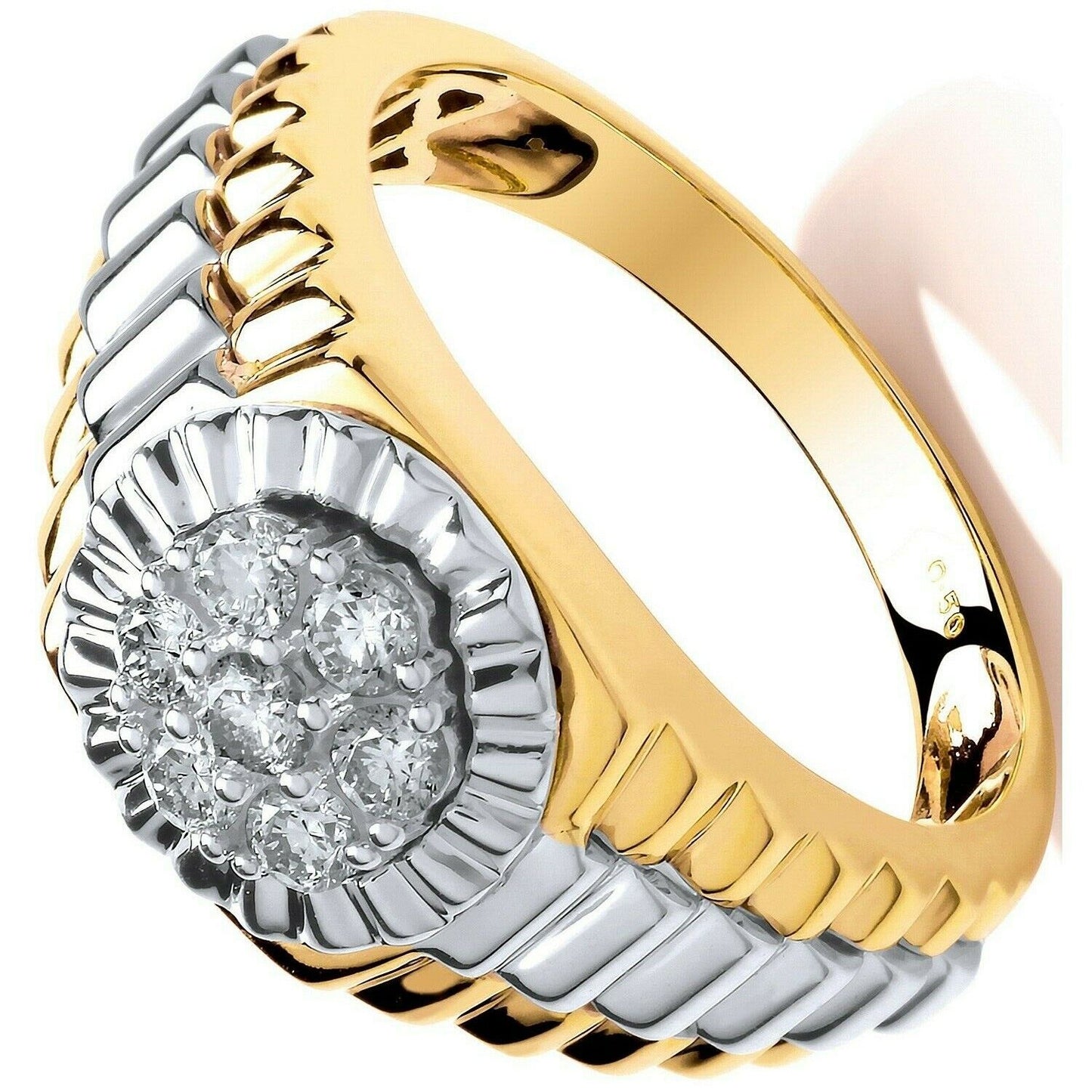 Gents Real Diamond Round Signet Ring 9ct Yellow and White Gold Watch Strap Pinky